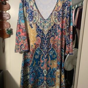 Colorful Paisley V-Neck Dress woman XXL spandex arm to arm 22x39 long